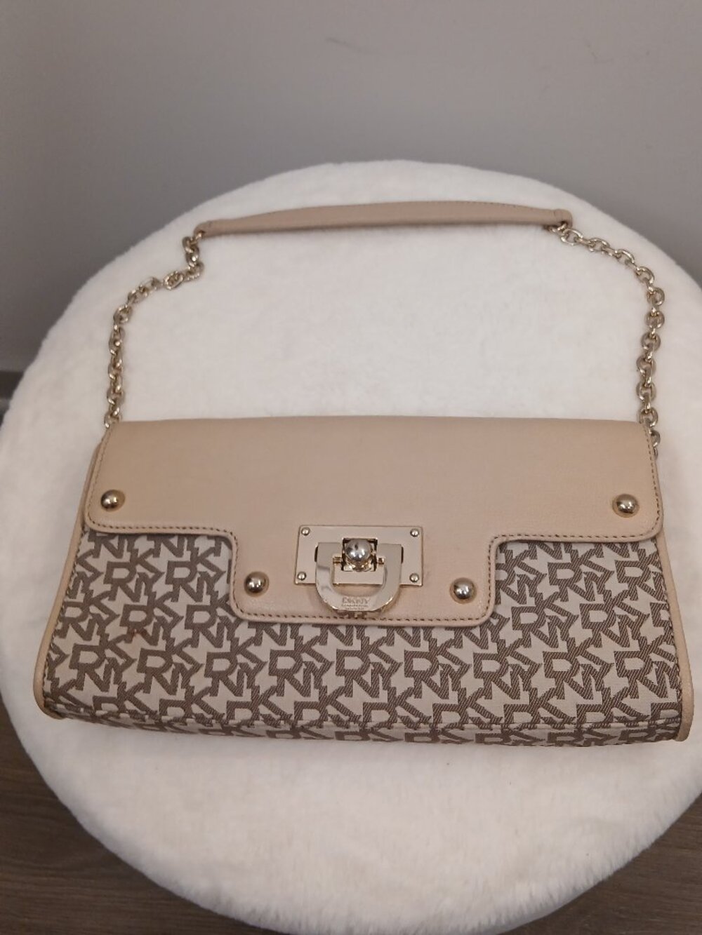 DKNY Monogram Logo Beige Leather & Canvas Shoulder Bag / Clutch